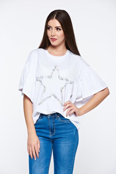 Tricou alb casual din bumbac elastic cu croi larg cu aplicatii cu perle
