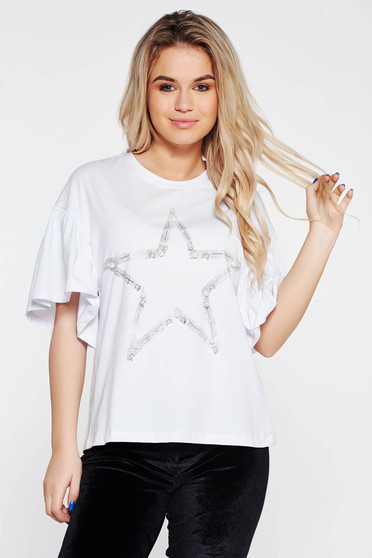 Tricou alb casual din bumbac elastic cu croi larg cu aplicatii cu perle