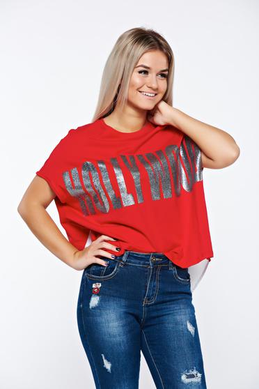 Tricou rosu casual asimetric din bumbac cu croi larg