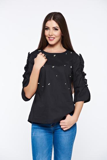 Camasa dama neagra din bumbac cu aplicatii cu perle cu umeri decupati