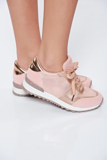 poze cu Pantofi sport roz casual cu talpa usoara din material lucios cu siret