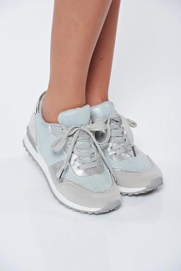 poze cu Pantofi sport argintiu casual cu talpa usoara din material lucios cu siret