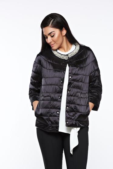 Geaca neagra casual cu aplicatii cu perle din fas cu buzunare