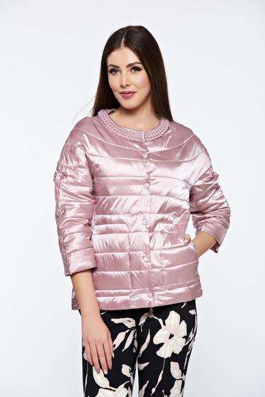 Geaca rosa casual cu aplicatii cu perle din fas cu buzunare