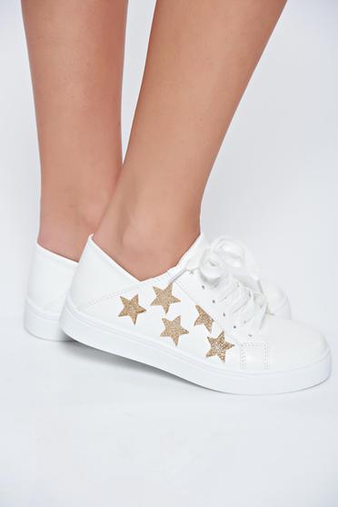 Pantofi sport alb casual cu aplicatii cu sclipici cu siret