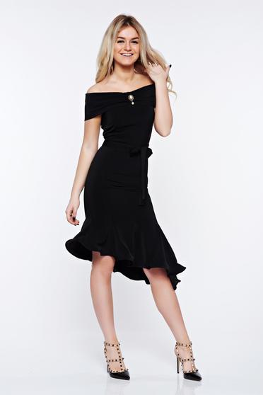 poze cu Rochie Artista neagra eleganta din material elastic asimetrica cu umeri goi