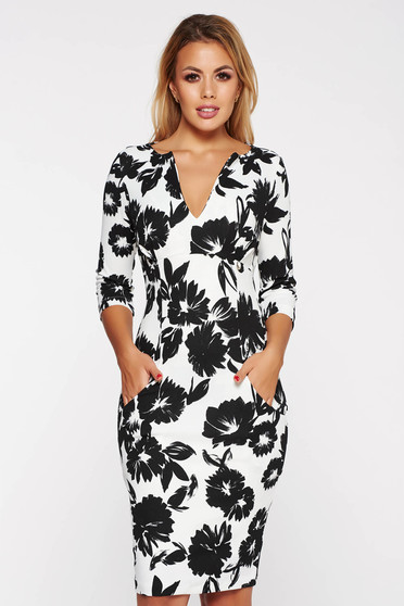 Rochie PrettyGirl alba office cu un croi mulat captusita pe interior cu buzunare