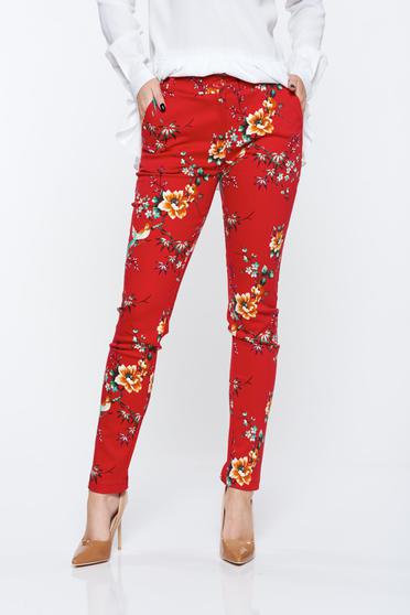 Pantaloni PrettyGirl rosii cu talie medie din bumbac elastic cu buzunare