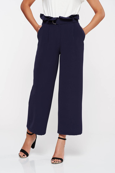 Pantaloni PrettyGirl albastri-inchis eleganti cu talie inalta cu un croi evazat
