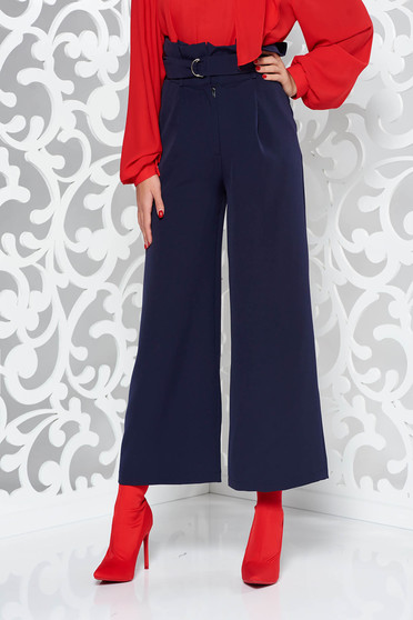 Pantaloni PrettyGirl albastri-inchis eleganti cu talie inalta cu un croi evazat