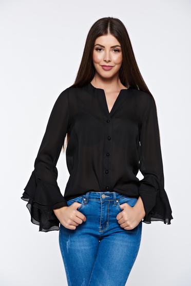 Camasa dama PrettyGirl neagra eleganta din material vaporos cu decolteu in v