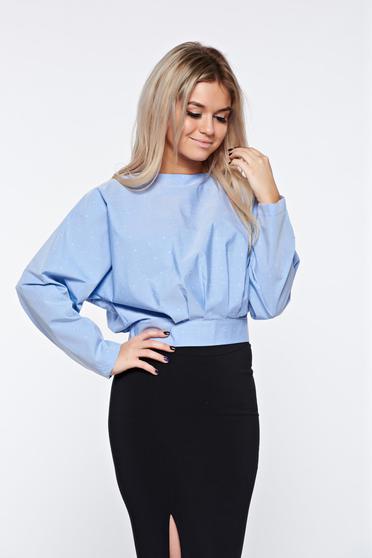 Bluza dama PrettyGirl albastra-deschis scurta cu croi larg din bumbac neelastic