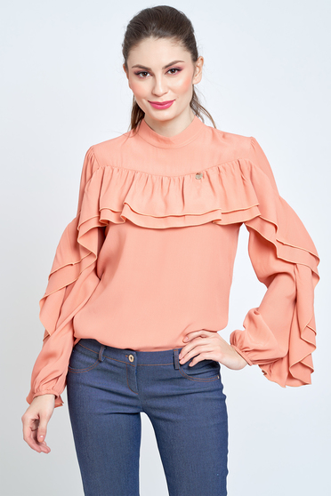 Bluza dama PrettyGirl piersica eleganta cu croi larg din material vaporos cu volanase