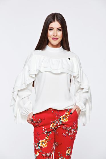 Bluza dama PrettyGirl alba eleganta cu croi larg din material vaporos cu volanase