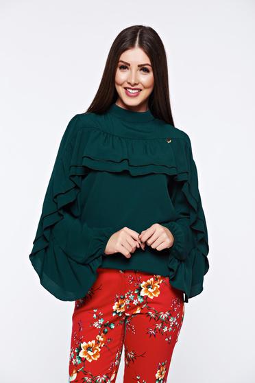 Bluza dama PrettyGirl verde eleganta cu croi larg din material vaporos cu volanase
