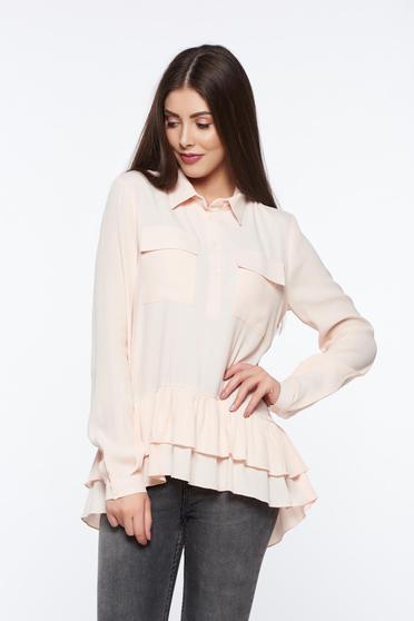 Bluza dama PrettyGirl rosa casual cu croi larg din material vaporos cu volanase
