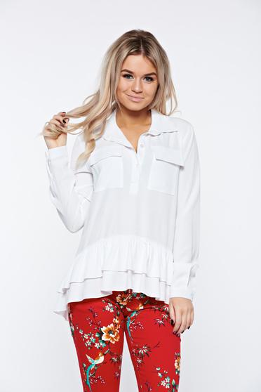 Bluza dama PrettyGirl alba casual cu croi larg din material vaporos cu volanase