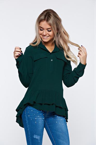 Bluza dama PrettyGirl verde casual cu croi larg din material vaporos cu volanase