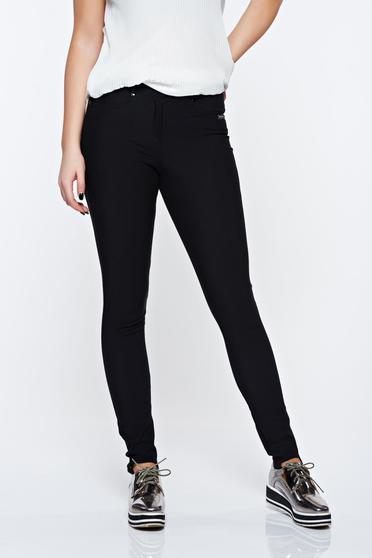 Pantaloni PrettyGirl negri casual din bumbac elastic cu buzunare