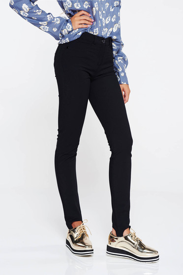 Pantaloni PrettyGirl negri casual din bumbac elastic cu buzunare
