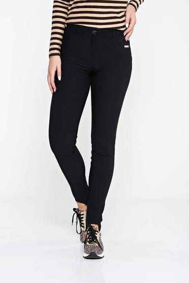 Pantaloni PrettyGirl negri casual din bumbac elastic cu buzunare