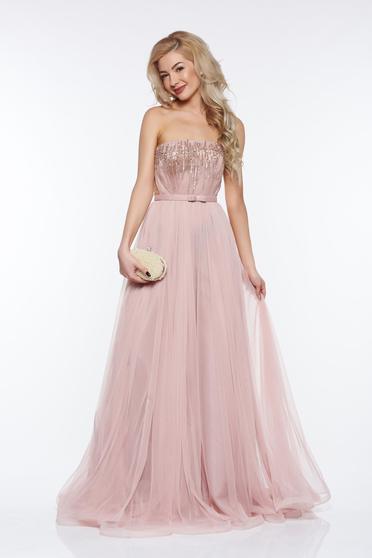 Rochie Ana Radu rosa de lux din tul captusita pe interior cu aplicatii cu margele