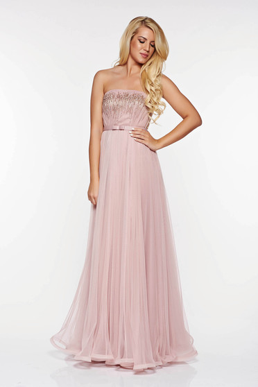 Rochie Ana Radu rosa de lux din tul captusita pe interior cu aplicatii cu margele