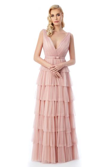 Rochie Ana Radu rosa de lux din tul captusita pe interior cu decolteu adanc cu volanase
