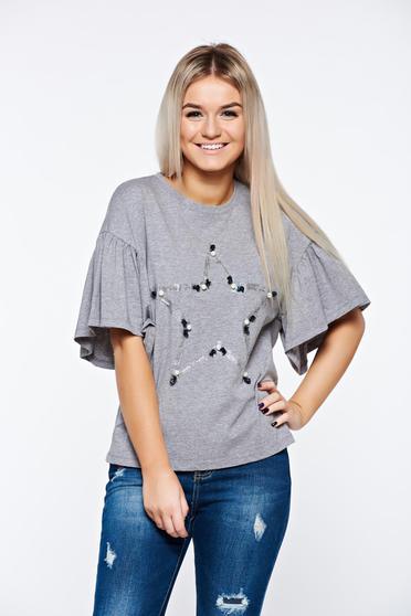 Tricou gri casual din bumbac elastic cu croi larg cu aplicatii cu perle