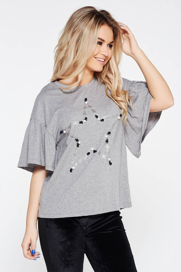 Tricou gri casual din bumbac elastic cu croi larg cu aplicatii cu perle