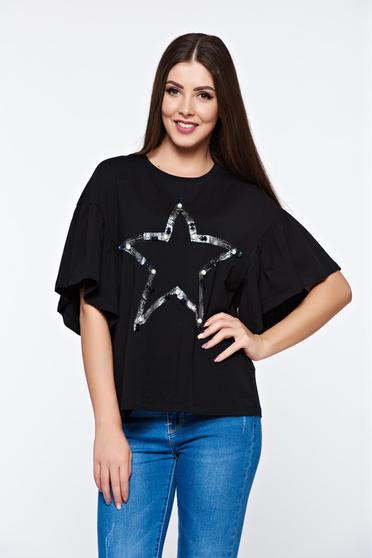 Tricou negru casual din bumbac elastic cu croi larg cu aplicatii cu perle