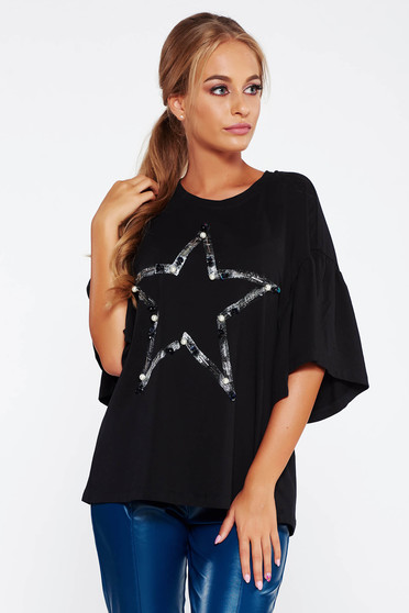 Tricou negru casual din bumbac elastic cu croi larg cu aplicatii cu perle