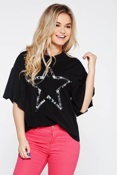 Tricou negru casual din bumbac elastic cu croi larg cu aplicatii cu perle