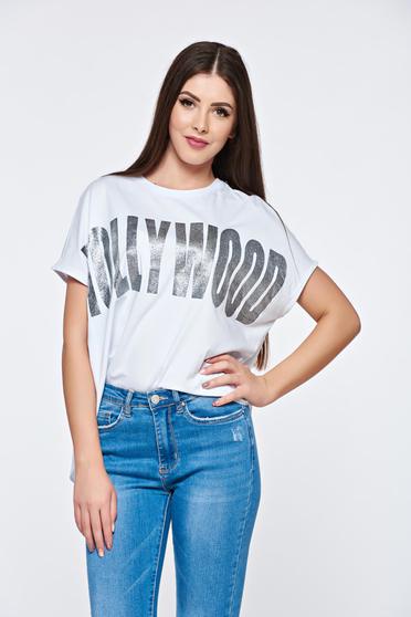 Tricou alb casual asimetric din bumbac cu croi larg