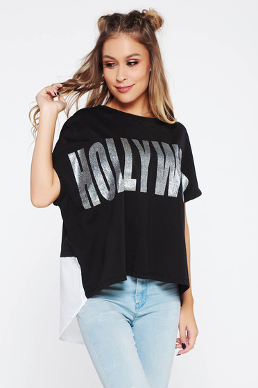Tricou negru casual asimetric cu croi larg din bumbac cu imprimeu cu scris