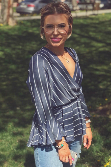 Camasa dama albastra casual din material subtire cu elastic in talie