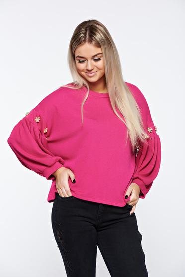Bluza dama roz casual cu croi larg cu maneci clopot cu aplicatii cu perle
