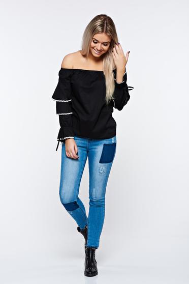 poze cu Camasa dama neagra casual din bumbac neelastic cu croi larg