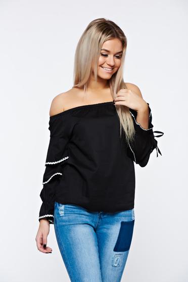 Camasa dama neagra casual din bumbac neelastic cu croi larg