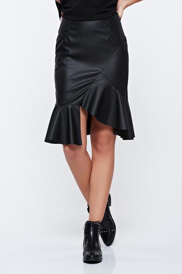 Fusta neagra casual cu talie medie din piele ecologica