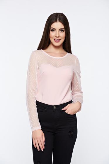 Body rosa elegant din material elastic cu maneci din dantela