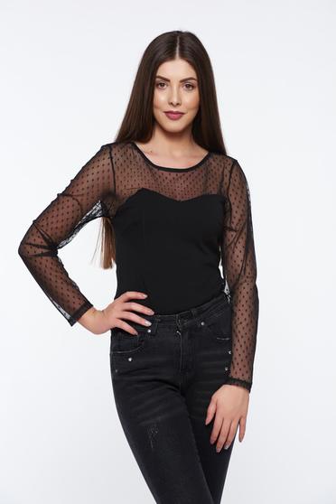 Body negru elegant din material elastic cu maneci din dantela