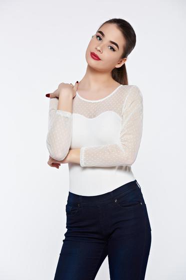 Body alb elegant din material elastic cu maneci din dantela