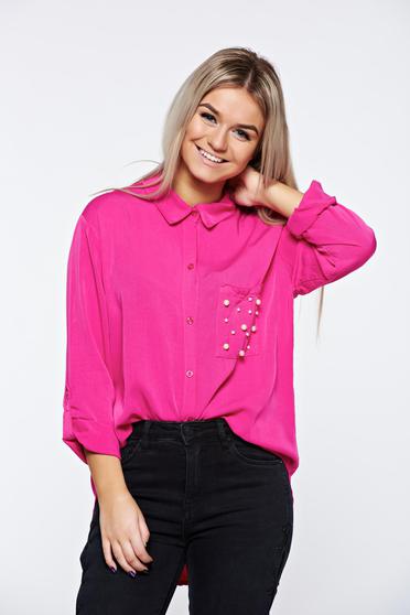 Camasa dama roz casual din material vaporos cu aplicatii cu perle