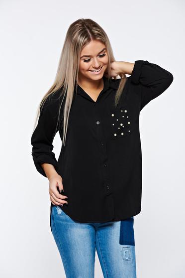 Camasa dama neagra casual din material vaporos cu aplicatii cu perle