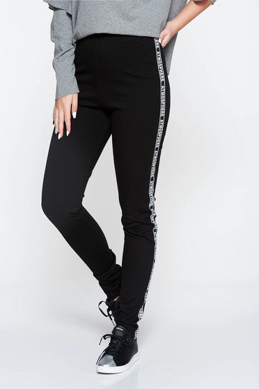 Colanti negru casual cu talie medie din material moale cu elastic in talie