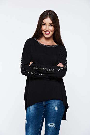 Bluza dama neagra casual din bumbac elastic cu tinte metalice