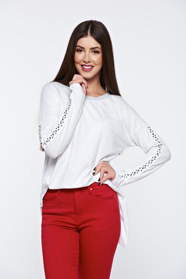 Bluza dama alba casual din bumbac elastic cu tinte metalice