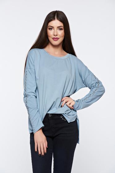 Bluza dama gri casual din bumbac elastic cu tinte metalice