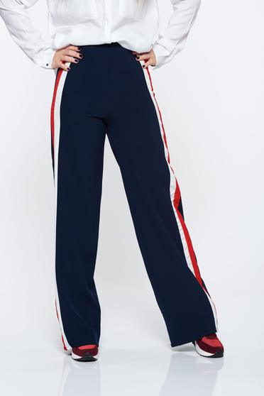 Pantaloni albastri-inchis casual evazati cu talie inalta din material usor elastic